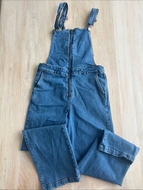 Denim Zip-Front Overalls in Medium Blue